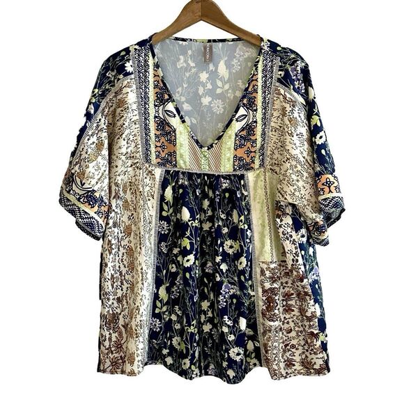Noracora Peasant Boho Patchwork Floral V-Neck Pullover Short Sleeve Blouse XXL - Picture 1 of 7